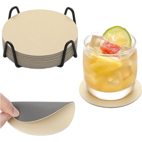 Lot de 12 dessous de verre ronds en cuir synthétique épais avec double couche intégrée pour réduire le transfert de chaleur et contenir des liquides (gris abricot) (1/5)