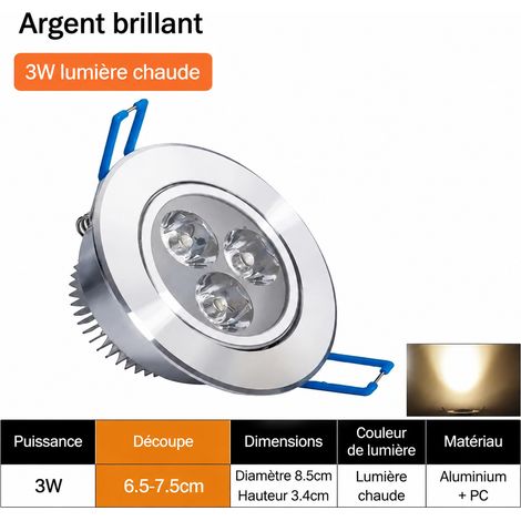 Spot encastrable LED orientable 3W Ø8,5 cm lumière chaude argent brillant 8.5 cm 3w réf 80 g – Livraison gratuite