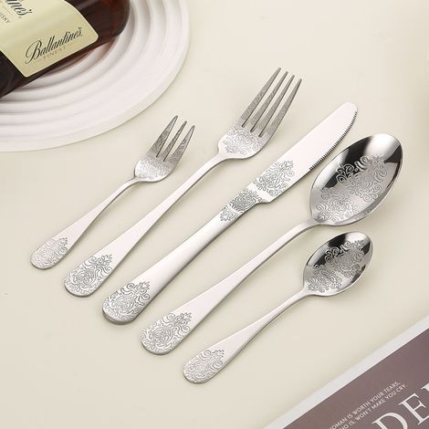 Lot de 5 Couverts de Table en Acier Inoxydable – Double Extrémité avec Motif Ornemental, Ensemble de Couverts pour Steak et Dessert, Idée Cadeau, Argenté (1/4)