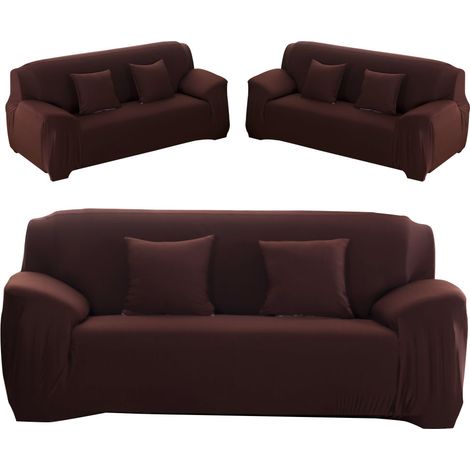 Housse de canapé en cuir à couverture intégrale, couleur unie, antidérapante et élastique, style européen, toutes saisons, couleur unie, couleur café, double assise (145-185 cm). (1/5)