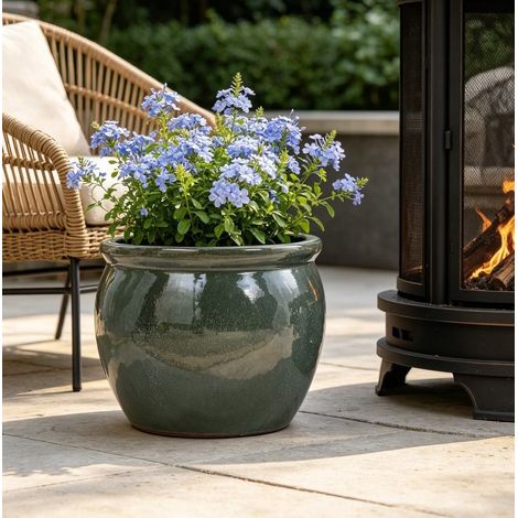 Vaso da fiori in ceramica fatto a mano, Ø 37 cm, blu-verde anticato lucido, con foro di drenaggio, adatto per uso interno ed esterno. (1/5)