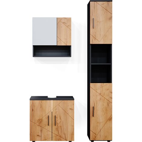 Ensemble de meubles de salle de bain Irma, Chêne doré/anthracite, 3 pièces, avec armoire haute, Vicco