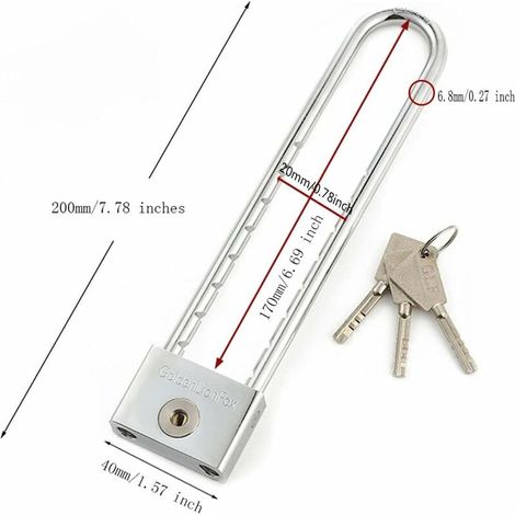 200mm Cadenas à Anse Longue avec Cadenas en Acier Laminé Imperméable à l'eau pour Porte, Armoire, Longue Poutre (1/4)