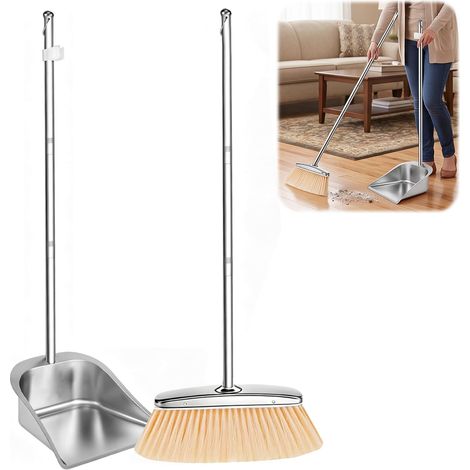 Ensemble balai et pelle à poussière avec long manche, pelle et balai en acier inoxydable, 108 cm/118 cm, ensemble pelle à poussière pour bureau, cuisine, couloir, sol, jardin, maison (1/5)