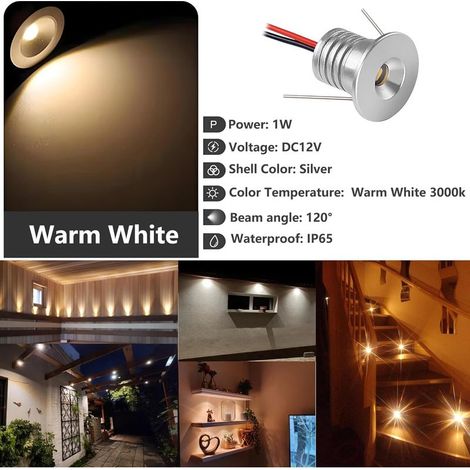 12V 1W LED-Einbaustrahler, Mini-LED-Strahler IP65, Ø16mm Loch, Deckenstrahler für Küche, Treppenhaus, Kleiderschrank, Flur, Heimwerkerbeleuchtung, Schaufenster, Schrank, 9er-Pack (Silber Warmweiß 3000 (1/5)