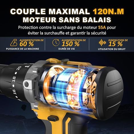 Cordless Impact Drill - 21V Brushless Cordless Drill Driver, 13 mm Mandrel, 2 Speeds (1/4)