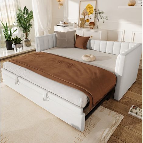 lit adulte gigogne convertible 90x200 velours blanc OKMYHOME