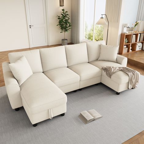 Canapé en U 2 places 280 cm en chenille beige avec 2 méridiennes coffre, 2 coussins, sofa modulable confortable pour salon moderne chic (1/5)