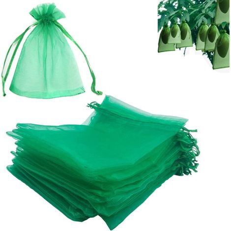 100 pièces Sac de protection de Grappes de Raisin, taille: 15 x 20 cm, couleur: vert, avec cordon, donne protection totale contre les guêpes, les oiseaux, Matériau: Organza (1/5)