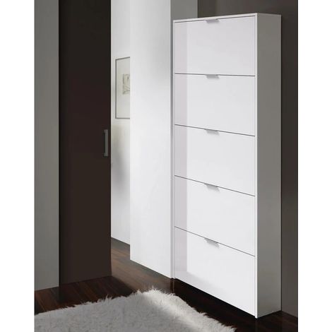 Calicosy – Meuble à chaussures 70 x 17 x 180 cm – Blanc brillant – Panneaux de particules mélaminés – 5 portes battantes