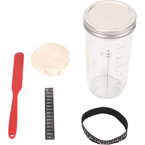 Kit de levain : bocal en verre de 700 ml avec spatule, couvercle en tissu, repère de niveau d’alimentation et indicateur de température. Idéal pour la préparation et la cuisson du levain. (1/5)