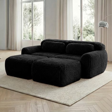 Canapé modulable en tissu peluche noir avec 2 ottomans, sans montage, 204 x 179 x 73 cm (1/5)