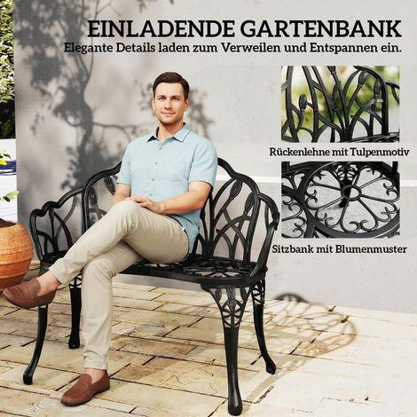 Banc de jardin 2 places aluminium coulé étanche dossier à motif tulipe 99 x 57 x 78 cm (1/4)