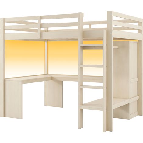 Letto a soppalco 140x200 con scrivania, scaffali, LED e USB, naturale (1/5)