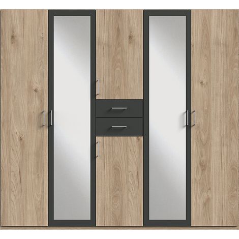 Armoire Placard, meuble de rangement avec 2 miroirs coloris Imitation chêne, rechampis graphite - Longueur 225 x Hauteur 208 x Profondeur 58 cm (1/4)
