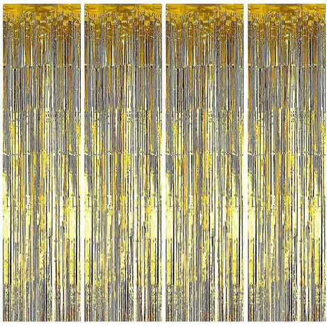 Lot de 4 rideaux à franges argentées, décoration de rideaux pailletés, fond décoratif à franges métallisées 1 x 2,5 m, doré (1/5)