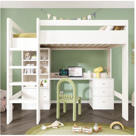Lit superposé enfant - SOGEU - Lit Superposé Enfant - 90x200 cm - Bureau USB - Armoire et tiroirs (1/5)