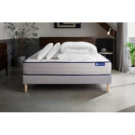 Pacchetto letto completo - Materasso 140x190cm + Box spring con doghe (kit) + 2 cuscini + Piumino - Actilatex Form