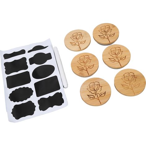 Ensemble de 6 couvercles en bois pour bocaux, faciles à nettoyer, avec joints en silicone et motif rose. (1/5)