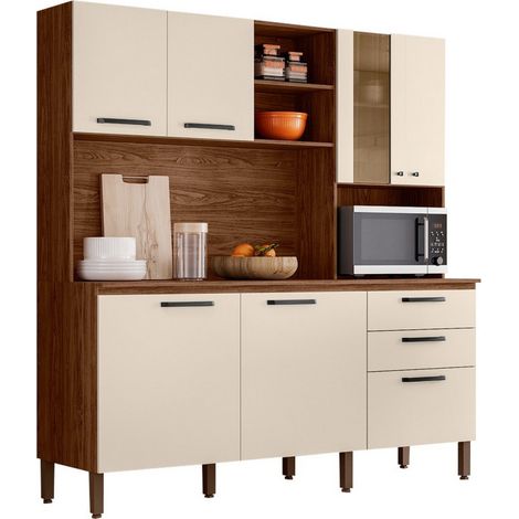 Grand Buffet 7 Portes 2 Tiroirs 12 Niches Noyer et Blanc Ecru L 182 H 191 P 53.3 cm