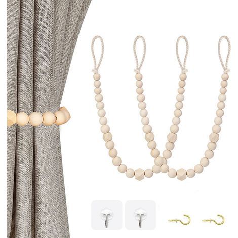 Lot de 2 embrasses de rideaux en perles de bois pour rideaux fins ou épais,pas besoin de percers pour chambre à coucher, chambre d'enfant, décoration de ferme (1/4)