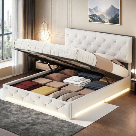 Bett mit zwei Containern 140x200cm mit Stauraum und LED, verstellbares Kopfteil, Leinenstoff, Lattenrost, Modern, Beige