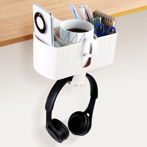 Support Casque 4 en 1 Table Porte-gobelet Blanc Support Sous Bureau Rotatif 360° Porte-gobelet Amovible pour Casque Tasse Téléphone Stylo (1/4)