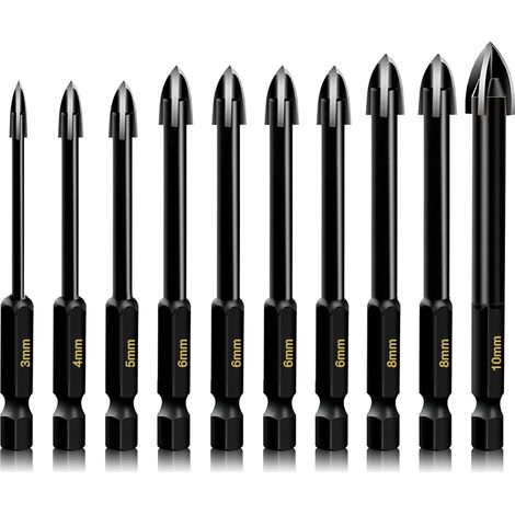 Set di 10 punte per trapano per cemento, mattoni, plastica e legno, gambo esagonale in carburo di tungsteno per specchi e piastrelle in ceramica su muri di mattoni (3-10 mm) (1/5)