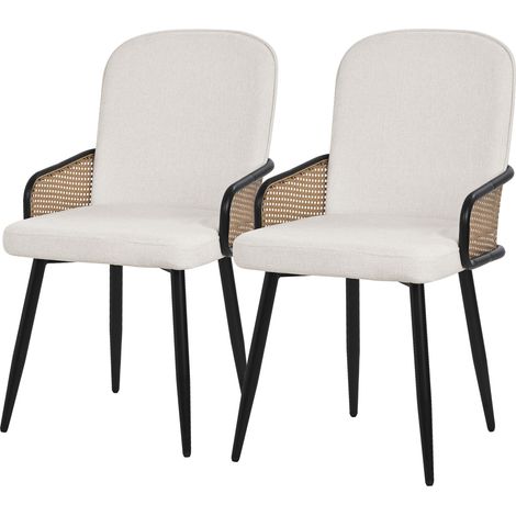 ML-Design Lot de 2 Chaises de Salle à Manger en Tissu Beige, Accoudoirs en Rotin et Pieds en Métal Noir, Assise Rembourrée Confortable, Fauteuils Ergonomiques de Cuisine ou Salon, Style Scandinave (1/5)