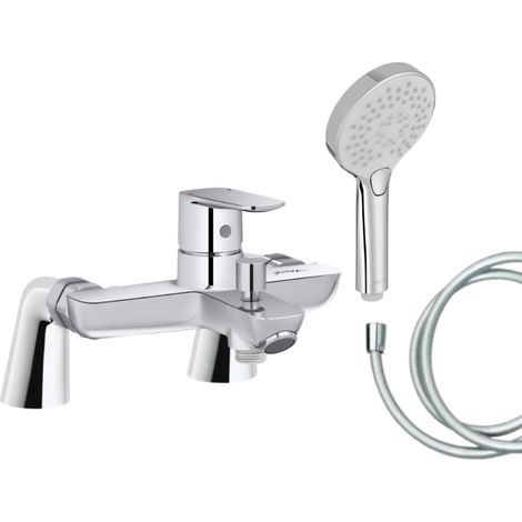 Mitigeur baignoire JACOB DELAFON July+ + pommeau de douche Metro + flexible de douche lisse + colonnettes (1/4)