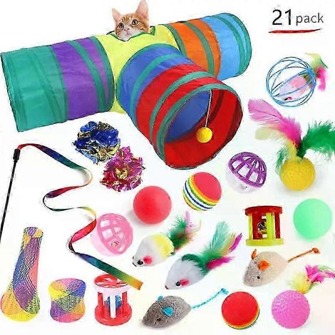 Ensemble de jouets pour animaux de compagnie : tunnel arc-en-ciel pliable, jouet amusant pour chat, chiot, furet et lapin (21 pièces). (1/4)
