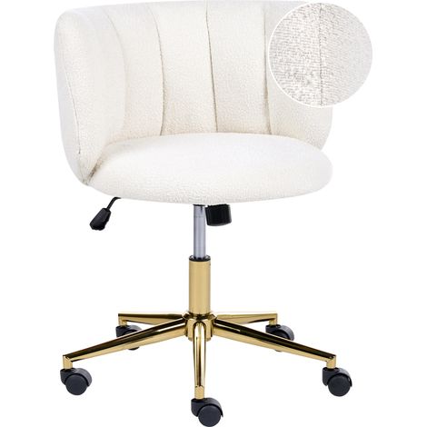 Silla de escritorio retro para oficina con base giratoria respaldo reclinable altura ajustable estructura de hierro dorada tapizado de bouclé blanco Pelora (1/5)