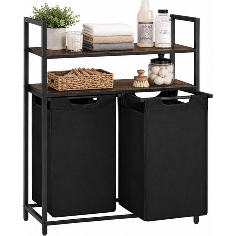 Relaxdays cesto de ropa sucia con estantes, 2 cestas extraíbles de 46 l cada una, tela, 93 x 73 x 33 cm, marrón/negro (1/5)