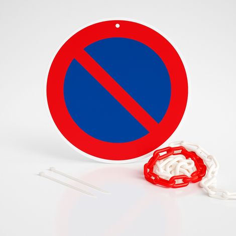 Stationnement interdit picto disque rigide prépercé avec chaine plastique rouge/blanc avec collier de serrage de serrage - panneau rond signalisation Diamètre 300 mm (1/5)
