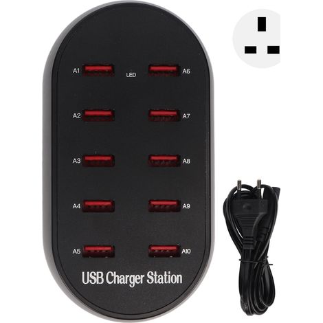 Station de charge USB 10 ports rapide compacte pour hôtel maison voyage, hub chargeur mural 100V-240V avec prise UK. (1/5)