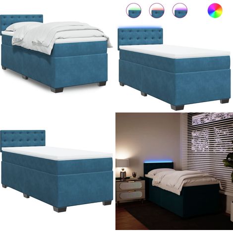 Cama box spring con colchón terciopelo azul 90x200 cm - Colchón ensacado - Cama de muelles