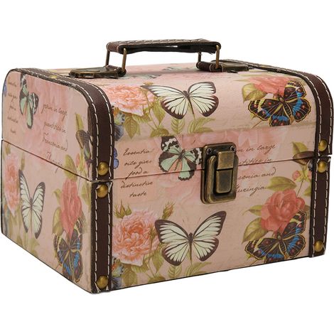 Coffret coffre au trésor rose à motif papillon, élégant coffret de rangement rétro en bois et cuir PU pour fille et femme (1/5)