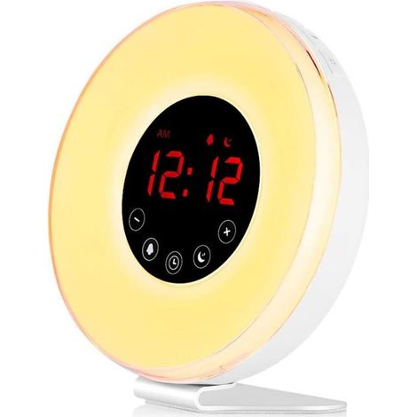 Réveil Lumière Simulateur d'Aube et de Crépuscule Lampe de Chevet LED Commande Tactile avec 10 Niveaux de Luminosité Fonction Snooze, Radio FM Numérique, 6 Sons Naturels, 7 Couleurs-Fei Yu (1/5)