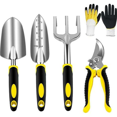 Ensemble Outils Jardinage- Ensemble Outils Manuels- Ensemble Jardinage avec Têtes Robustes Aluminium Moulé et Poignées Ergonomiques- avec Sécateur/Truelle/Transplanteuse/Râteau à Main/Gants (1/4)