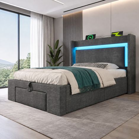DESMIU Lit coffre 90 × 200 cm 1 place avec rangement hydraulique, tiroir, LED, USB et Type-C, sans matelas, gris (1/5)