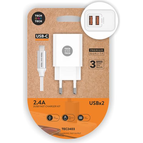 Chargeur Double Blanc+cable Nylon Usb-c 24a Tech One Tech - Tech One Tech (1/2)