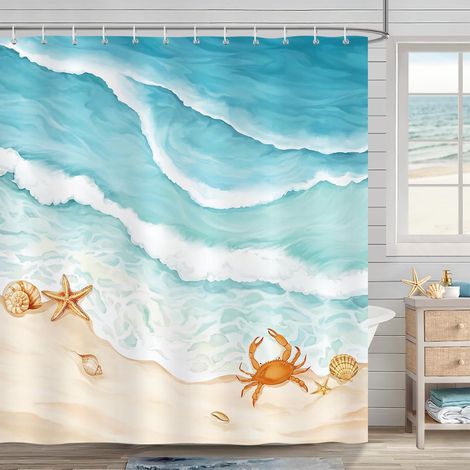 Rideau de Douche Plage Vague Océan Côtier Bleu Rideau de Bain Tissu Polyester Anti Moisissure Imperméable Lavable Rideaux Salle de Bain 180 x 180 cm avec 12 Crochets pour Baignoire (1/5)