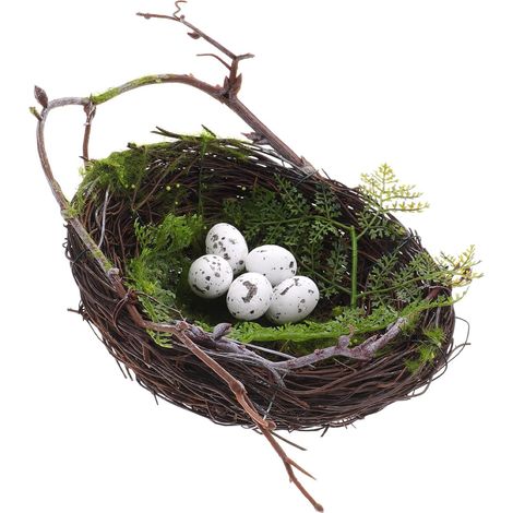 Nid D'oiseau en Rotin avec 5 Œufs Simulés en Plastique pour Décoration Créative de Jardin, Terrasse et Accessoires Photo, Ornement Original et Naturel (1/5)