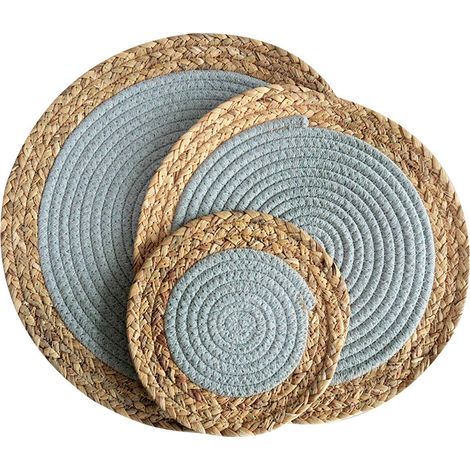 3 pièces Lot Table Ronds Tressés Herbe et Corde de Coton Isolants et Résistants Chaleur Décoration pour Cuisin Gris clair