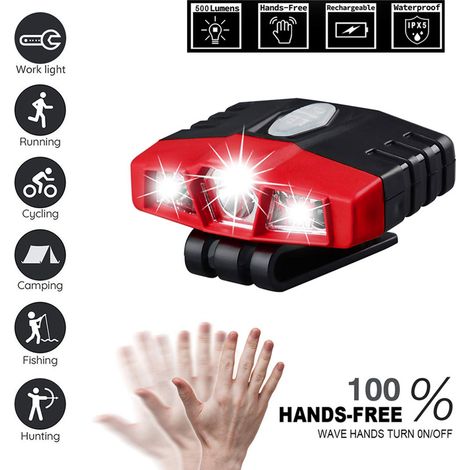 Lampe frontale mains libres à capteur infrarouge pour chapeau, idéale pour la pêche, le camping et le baseball. (1/5)