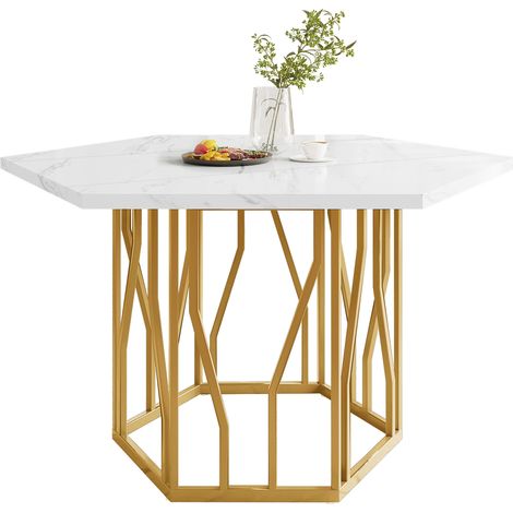 Table à manger hexagonale effet marbre blanc, plateau MDF, piètement métal doré, design moderne pour salle à manger ou salon, 115,5 x 100 x 75 cm - CHICFURN (1/5)