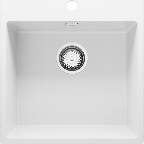 PRIMAGRAN Evier Cuisine en Granit 48x50cm, Lavabo 1 bac + Kit de Vidage, Évier à Encastrer au meuble 50cm - Riga, Blanc