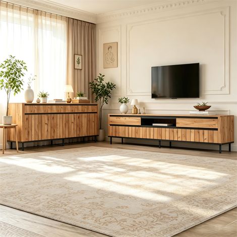Ensemble meuble TV et buffet 2 pièces,meuble TV 180x40x52 cm et buffet 160x40x73 cm,façades rainurées,Panneau de particules,Naturel