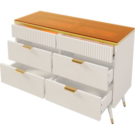 Buffet avec 6 tiroirs blanc en verre ambré, cadre en panneau de particules et métal, 120 x 40 x 76 cm (1/5)