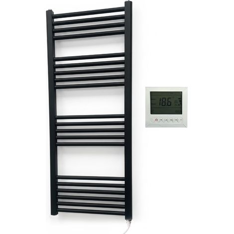 York 500 x 1200mm Black Electric Flat Towel Rail Bathroom Radiator + 7 Day Timer/Thermostat